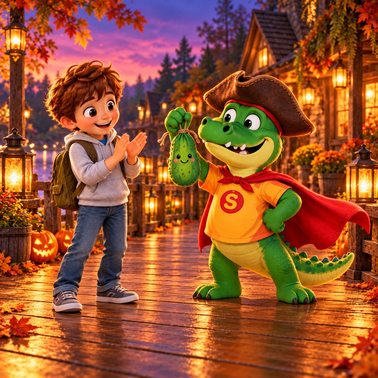The young explorer smiles as the green superhero alligator in a pirate hat holds a smiling treat bag.