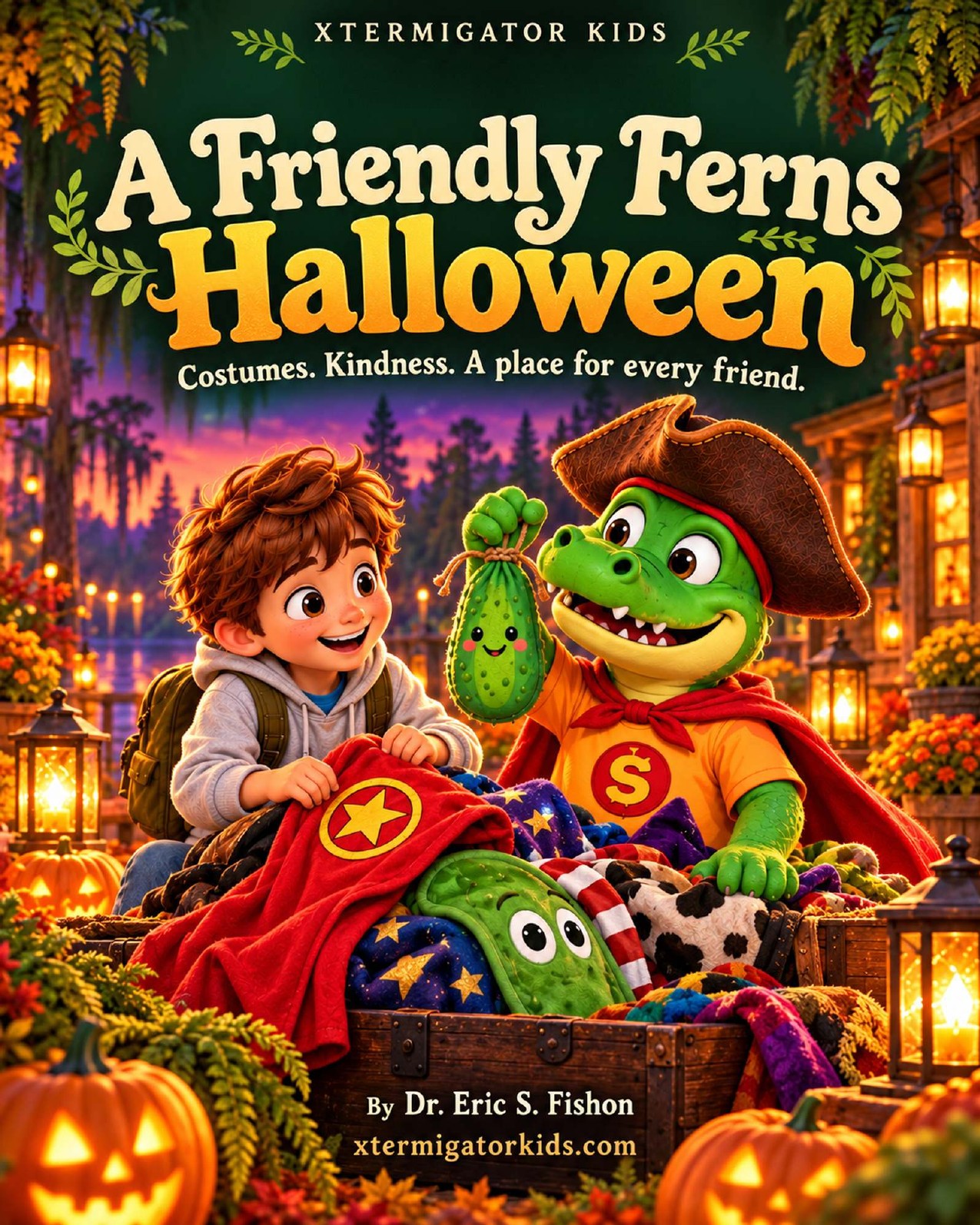 Official cover: the young explorer and superhero alligator with a costume chest; A Friendly Ferns Halloween by Dr. Eric S. Fishon.