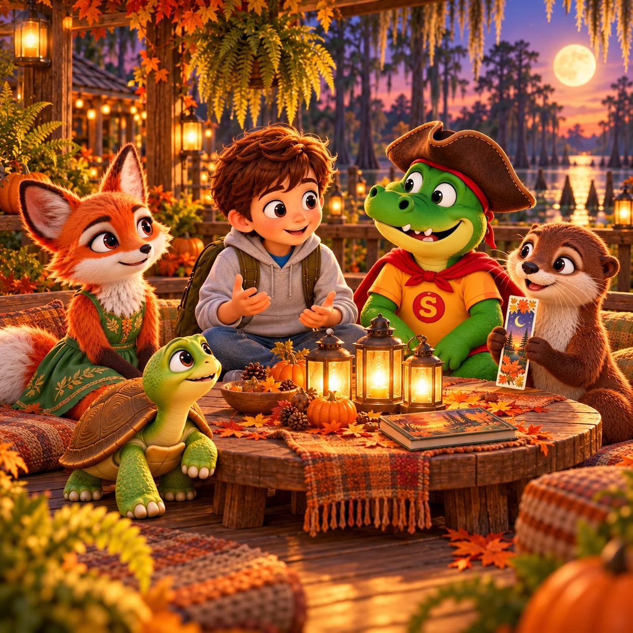 The explorer, alligator, fox, turtle, and otter gather around a table of glowing lanterns.