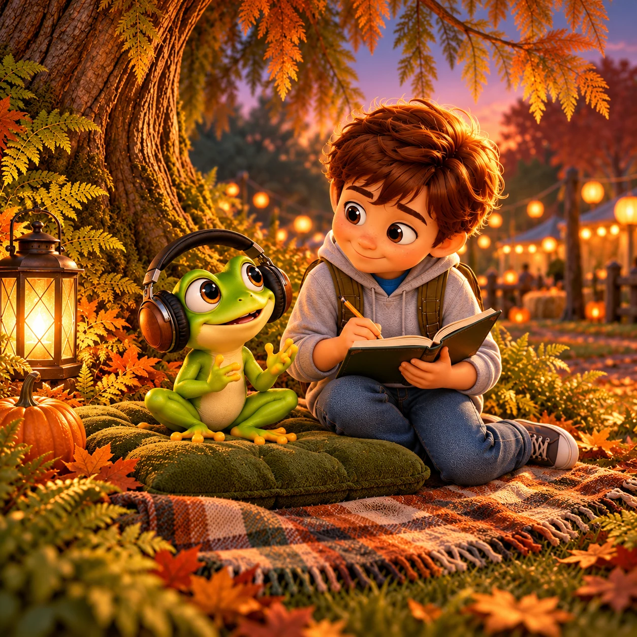 The explorer writes in a notebook beside the green frog wearing headphones in a lantern-lit woodland.
