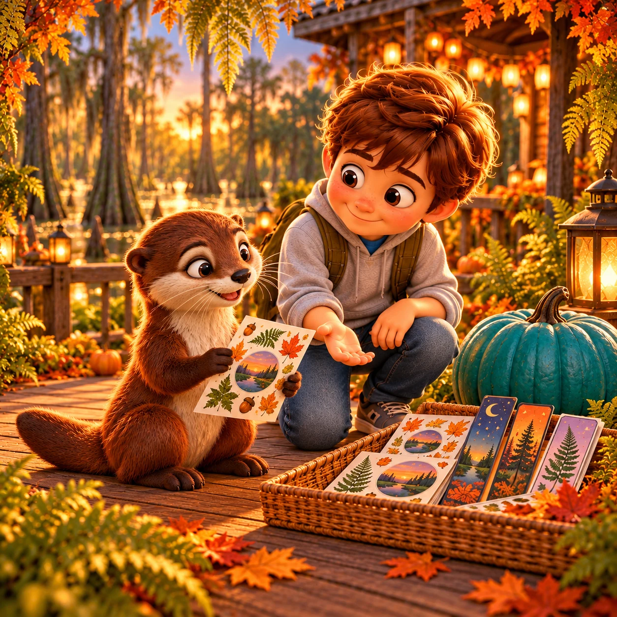 The friendly otter shows an autumn art card to the explorer beside a basket of handmade pictures.