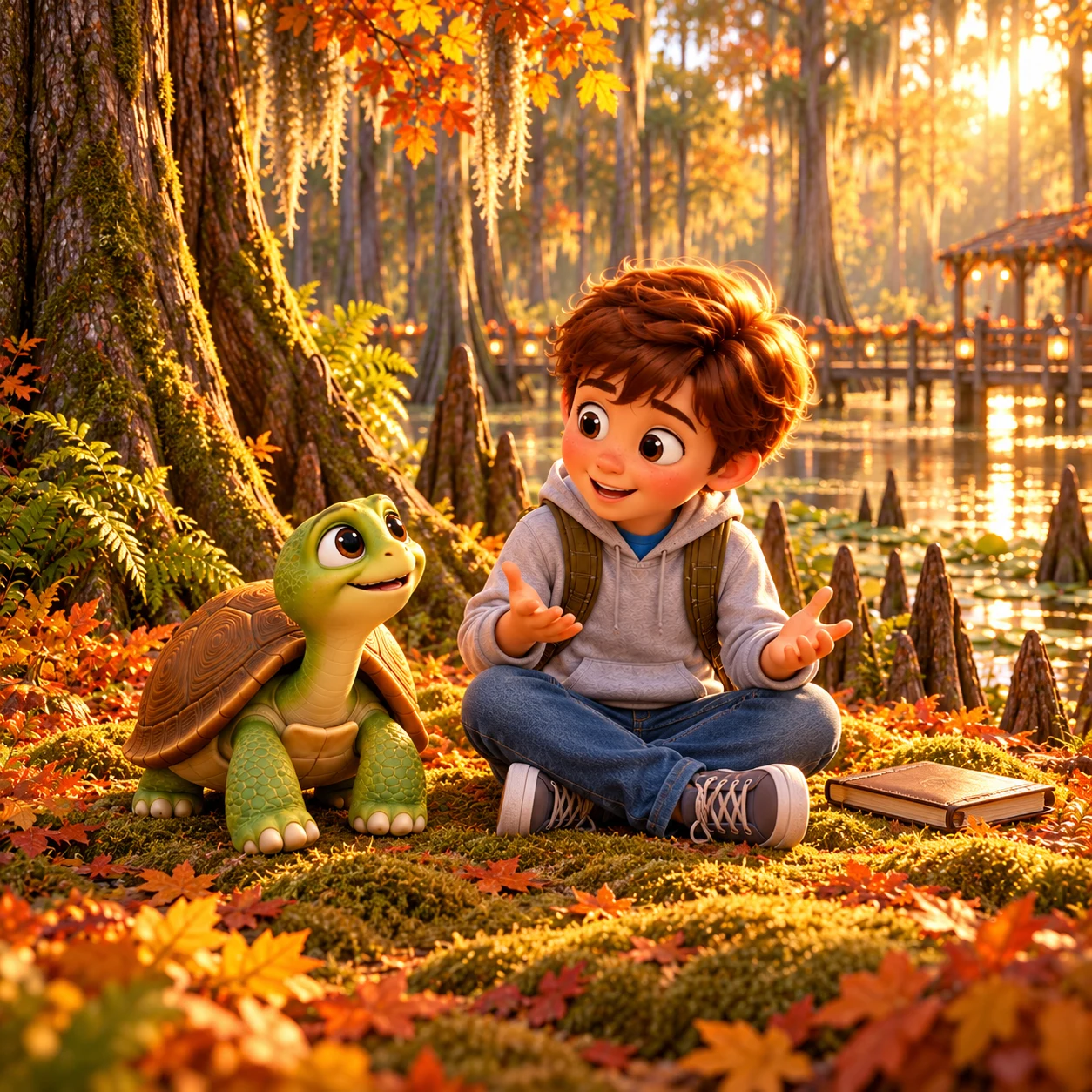 The explorer in a gray hoodie sits beside the little turtle among golden woodland leaves.