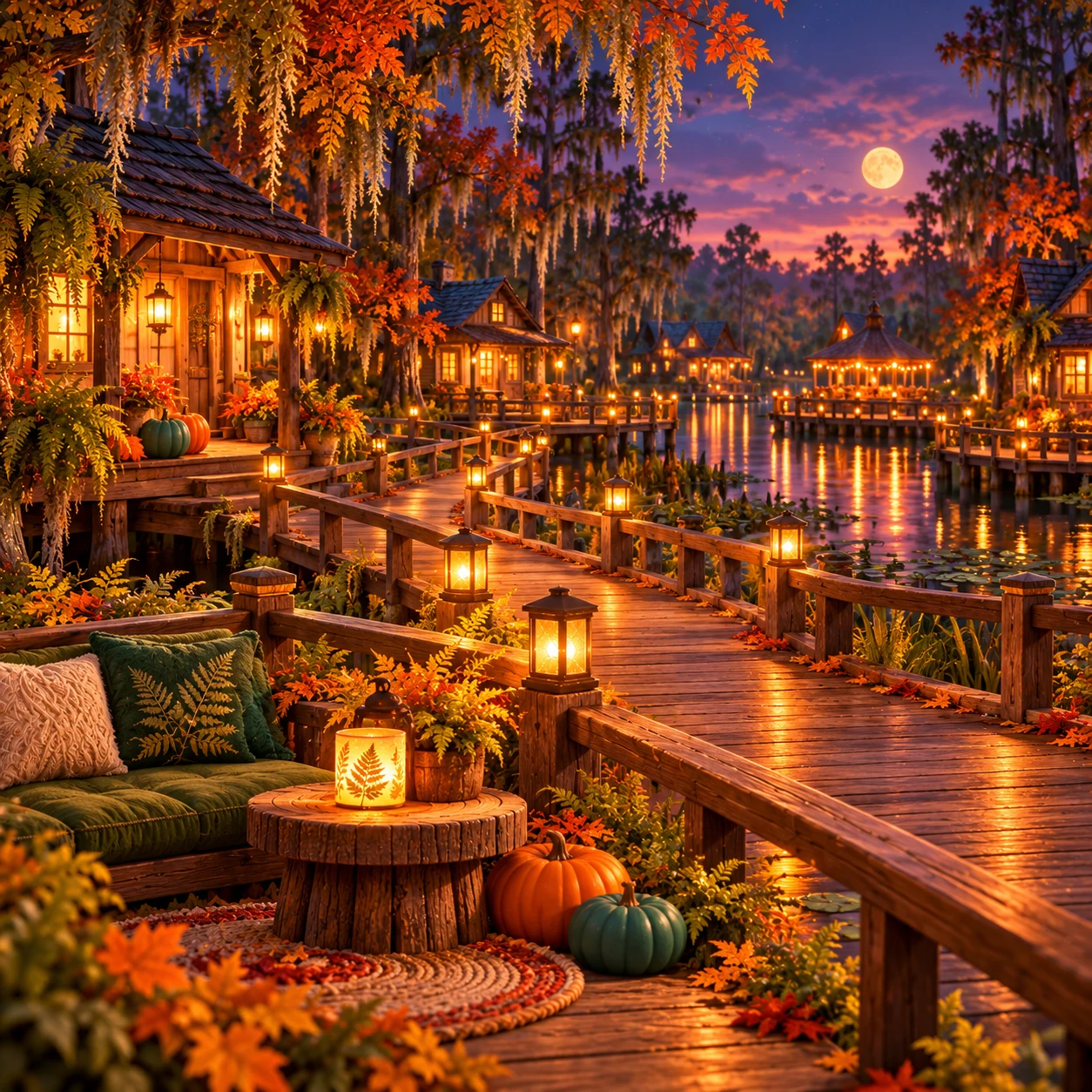 Golden lanterns line wooden boardwalks between autumn cottages beside a moonlit lake.