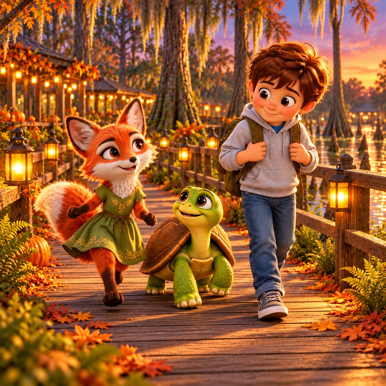 The fox in a green dress, little turtle, and explorer walk together along a lantern-lit boardwalk.